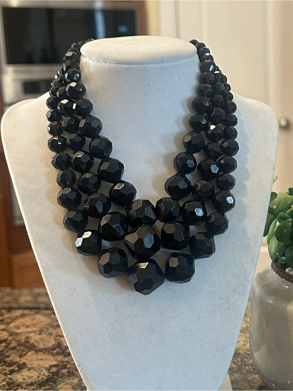 Vintage Mid-Century West German Triple Strand Faceted Black Lucite Necklace